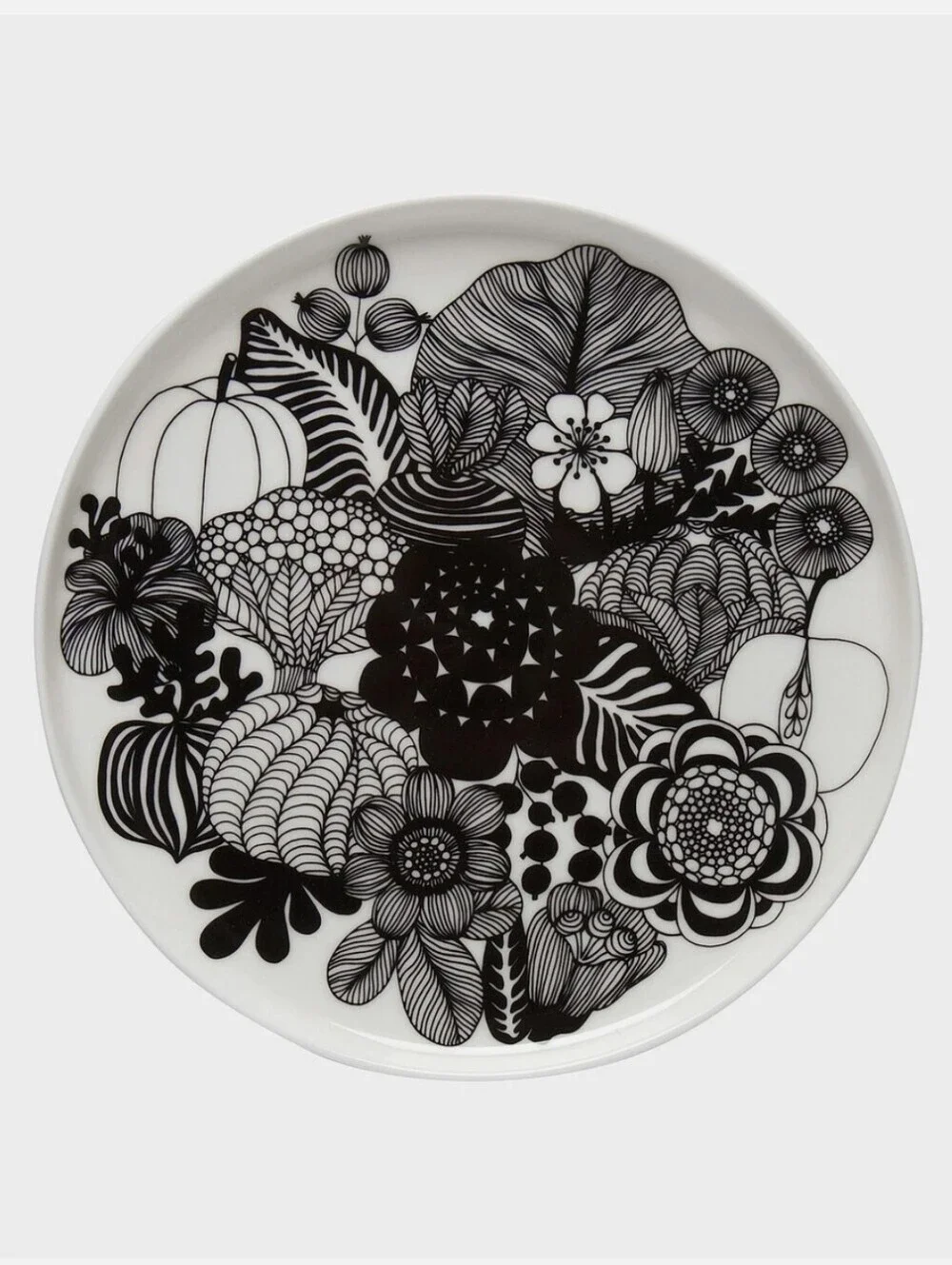 Marimekko Oiva Siirtolapuutarah Black White Floral Retro Salad Plates Stoneware